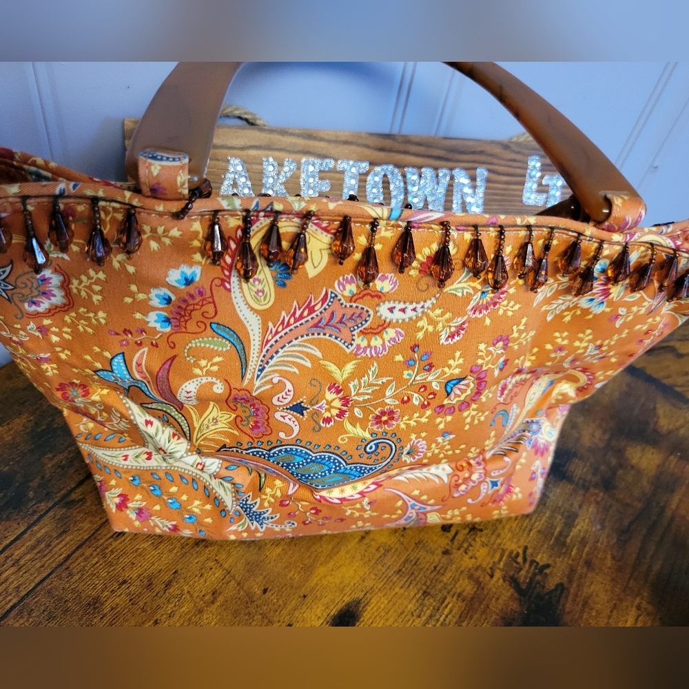 Vintage Talbots Orange Paisley handbag ,beaded ,tortoise Handles - Picture 3 of 11
